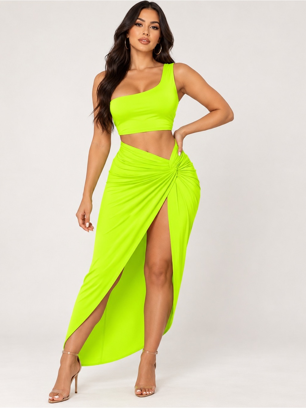 Neon Lime High-Low Twist Front Maxi Skirt